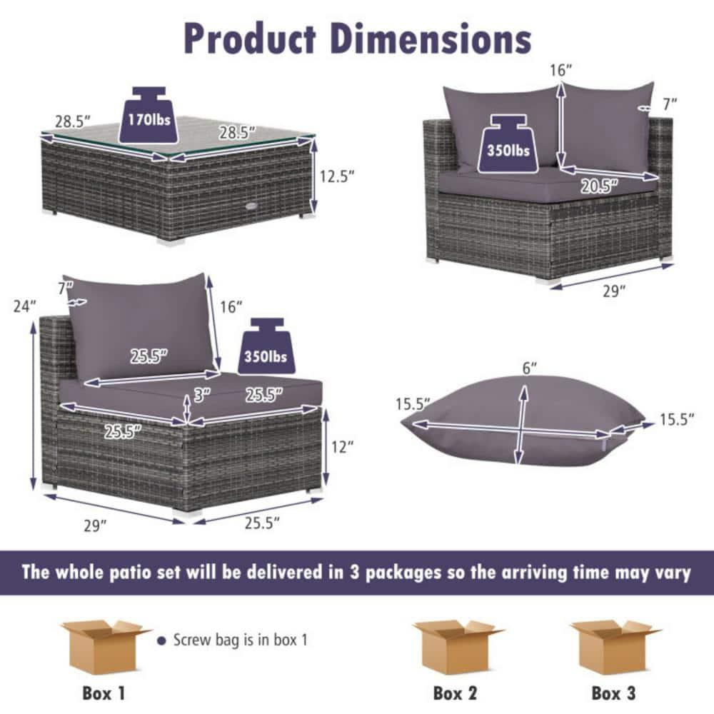 Costway 7PCS Patio Rattan Furniture Set Sectional Sofa Cushioned Garden Gray