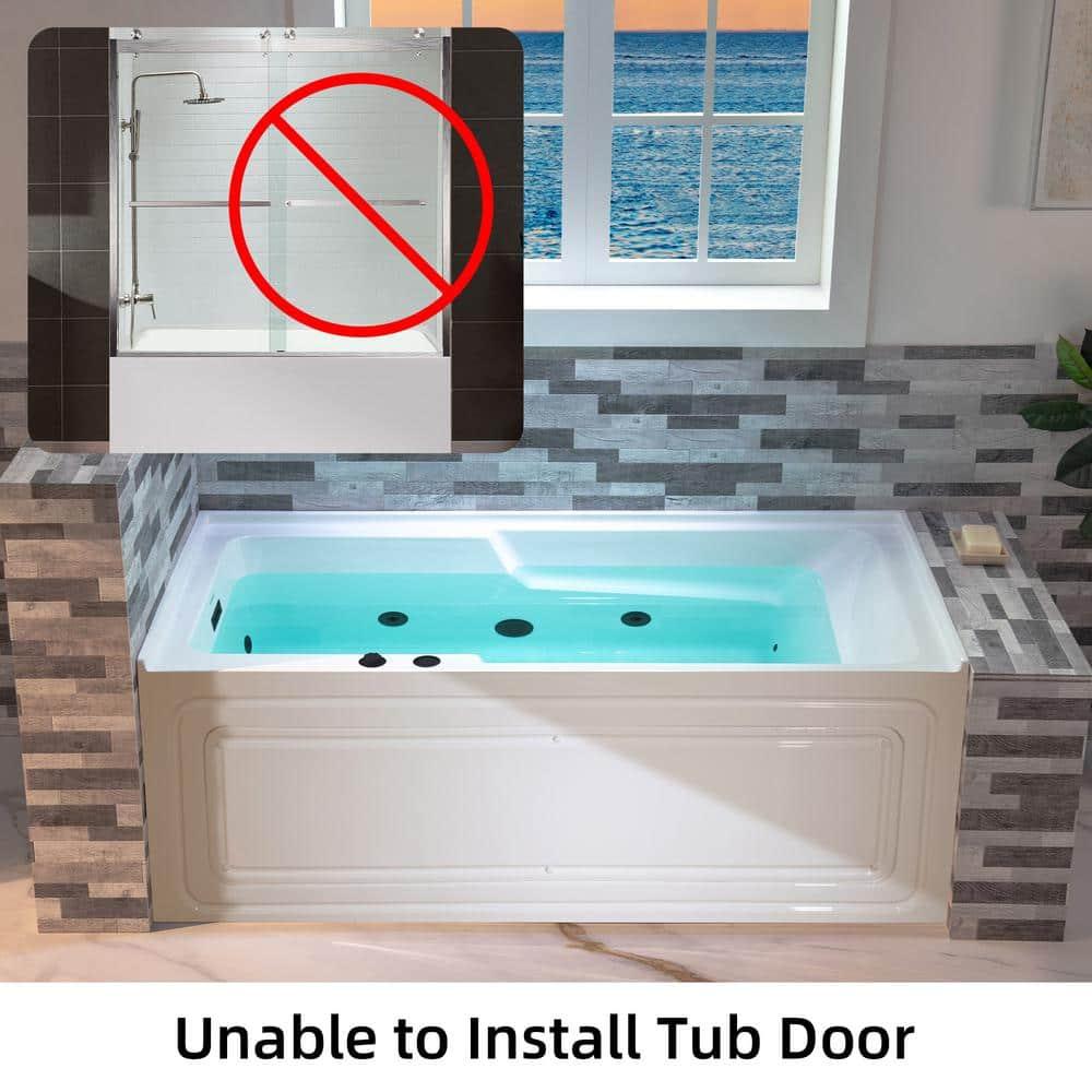 60" x 30" Whirlpool Heated Rectangular Alcove Acrylic Bathtub with Chrome/Matte Black Drain and Overflow