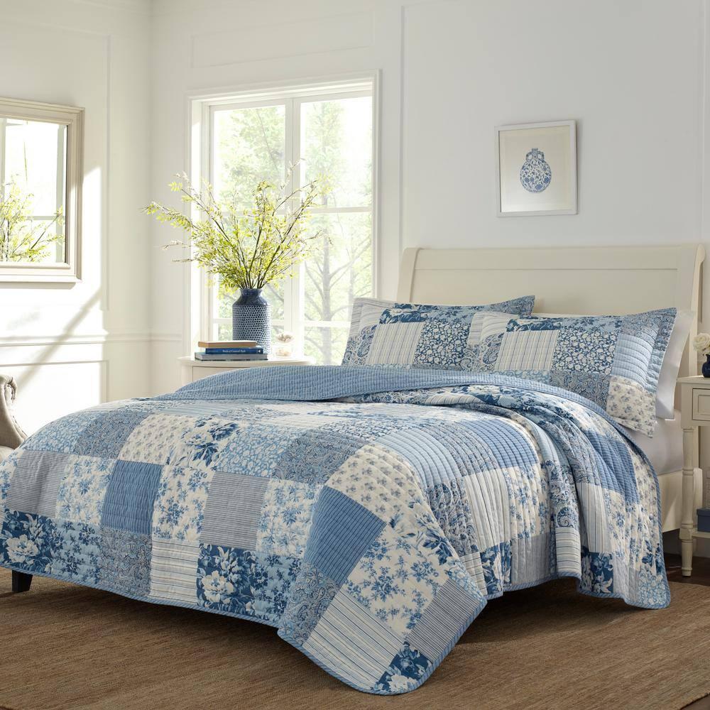 Laura Ashley Laura Ashley Paisley Patchwork Cotton Reversible Blue Quilt Set