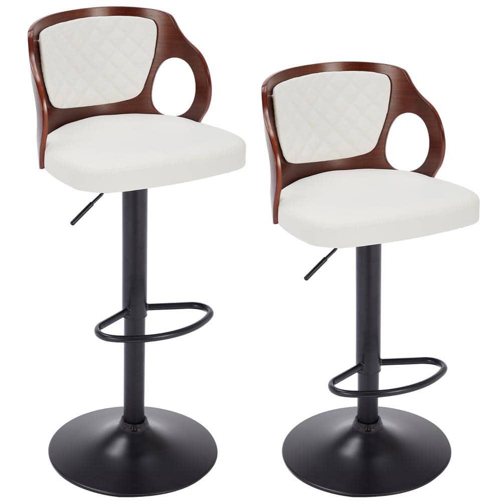 ECOTOUGE Swivel Bar Stools Set of 2, Height Adjustable Island Stools with Bentwood Back, Faux Leather Counter Height Bar Stools for Kitchen, Pub and Cafe, White