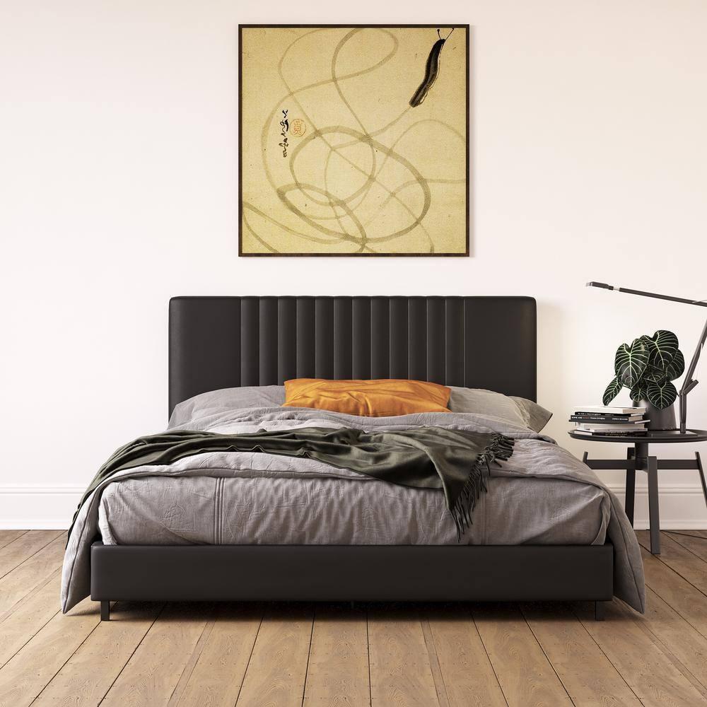 RealRooms Rio Faux Leather Upholstered Platform Bed with Tufted Headboard, Queen, Black