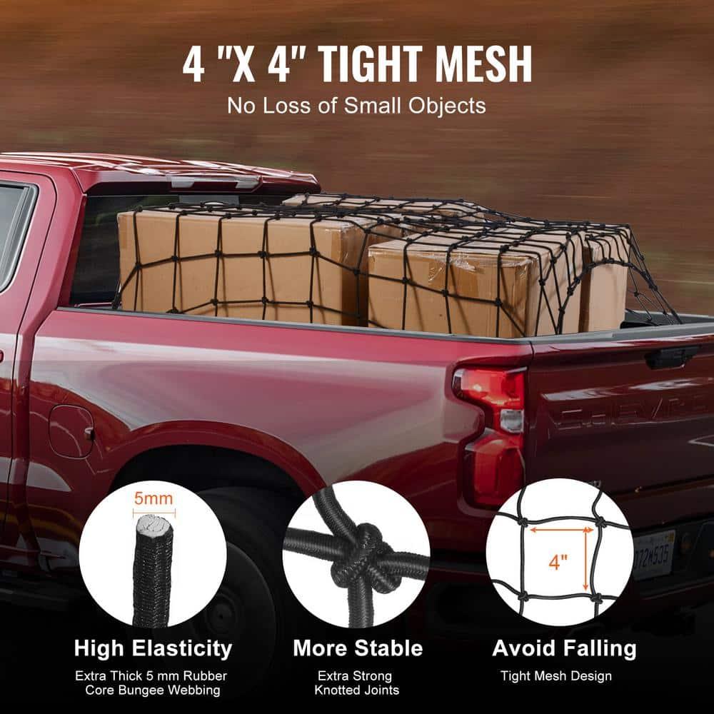 VEVOR Cargo Net for Pickup Truck Bed 4' x 6' Stretches to 7.2' x 10.8', Small 4"x4" Latex Bungee Net Mesh with 12 Steel D-Shaped Carabiners, Storage Bag, Suitable for Pickup, Jeep, SUV, Trailer
