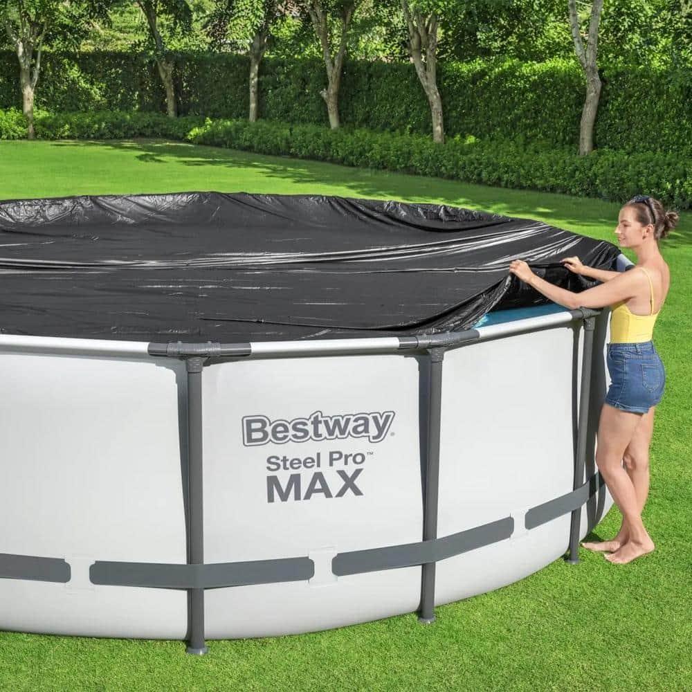 Bestway Flowclear PVC Round 18 Foot Pool Cover for Above Ground Frame Pools with Drain Holes and Secure Tie-Down Ropes, Black (Cover Only)