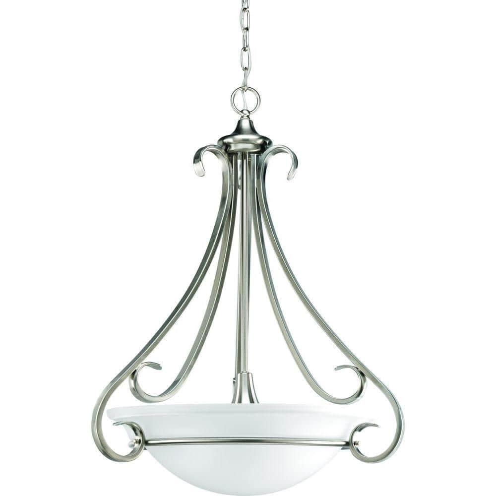 Progress Lighting Torino 3-Light Inverted Pendant, Brushed Nickel, Etched White Glass Bowl, Porcelain Material