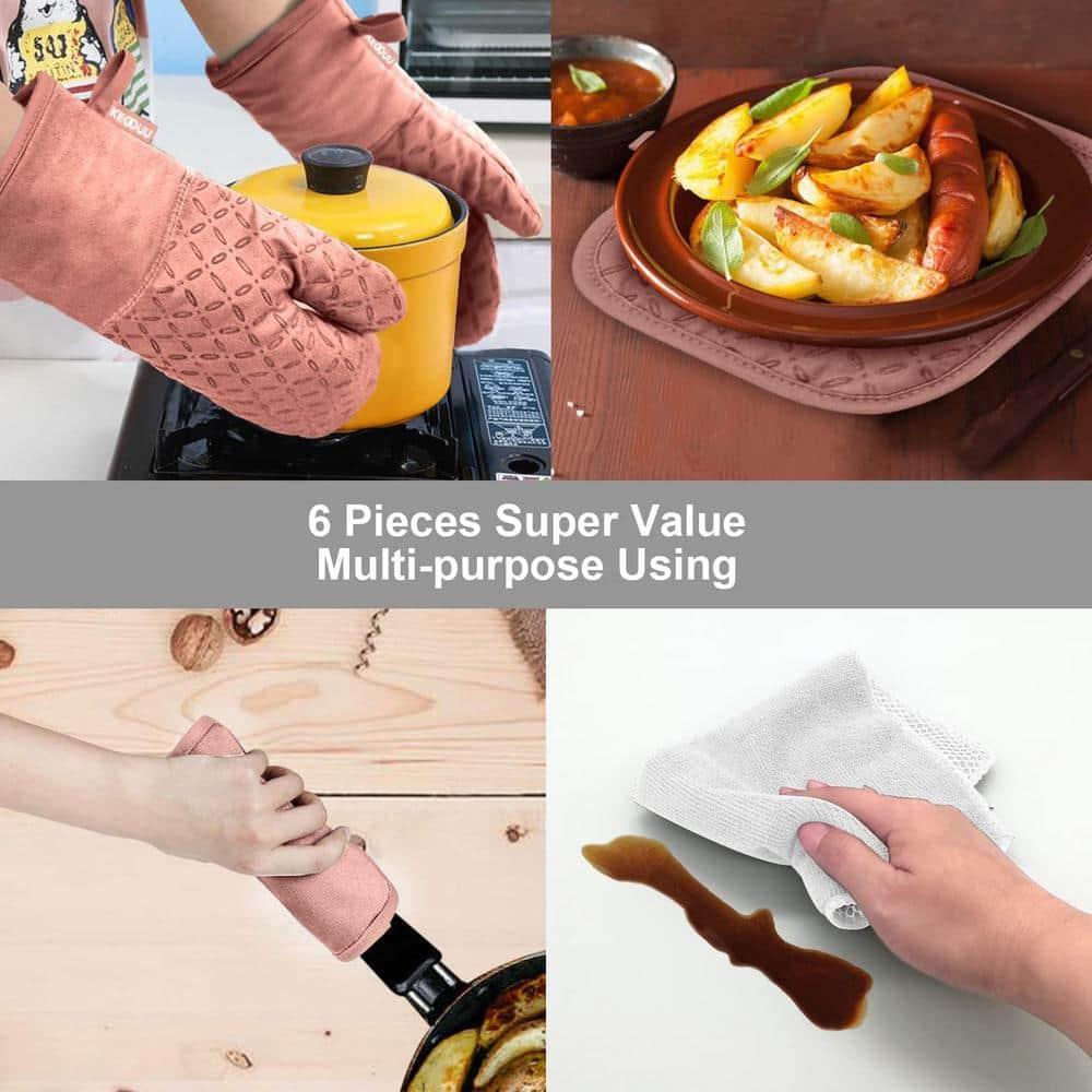 Oven Mitts and Pot Holders 6pcs Set, Kitchen Oven Glove High Heat Resistant 500 Degree Extra Long Oven Mitts and Potholder with Non-Slip Silicone Surface for Cooking (Grey)