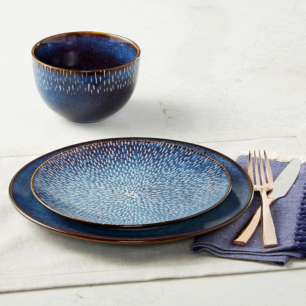 Gibson Elite 16pc Stoneware Matisse Double Bowl Dinnerware Set: Cobalt Blue, Microwave & Dishwasher-Safe Dish Set