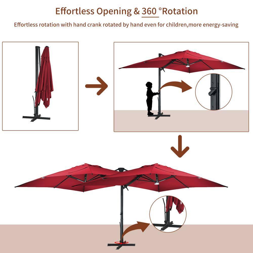 Mondawe 10x13 FT Cantilever Umbrella Large Offset Umbrella with 360°Rotation and LED Light Panel Cantilever Patio Umbrella for Backyard, Pool & Garden, Red