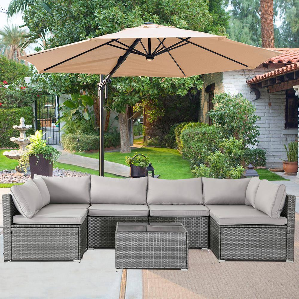 Valita 7 Piece Outdoor PE Wicker Furniture Set, Patio Gray Rattan Sectional Sofa Couch with Washable Grey Cushions