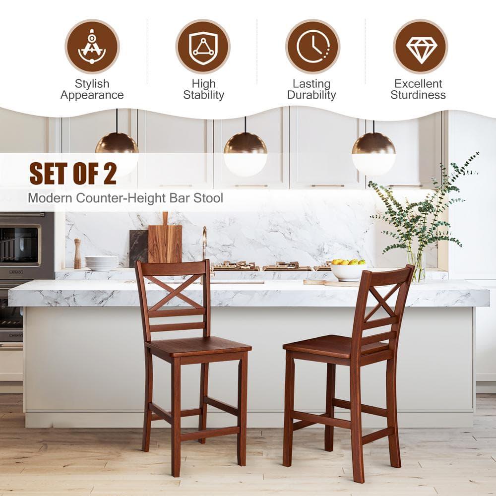 Costway Set of 2 Bar Stools 24'' Counter Height Chairs w/ Rubber Wood Legs Walnut