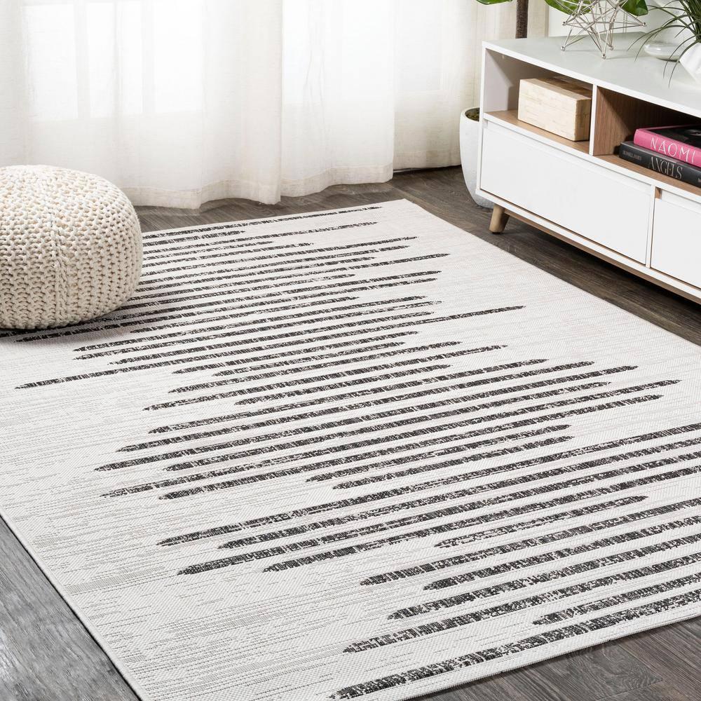 4'x6' Zolak Berber Stripe Geometric Indoor/Outdoor Area Rug, Ivory/Black - JONATHAN Y