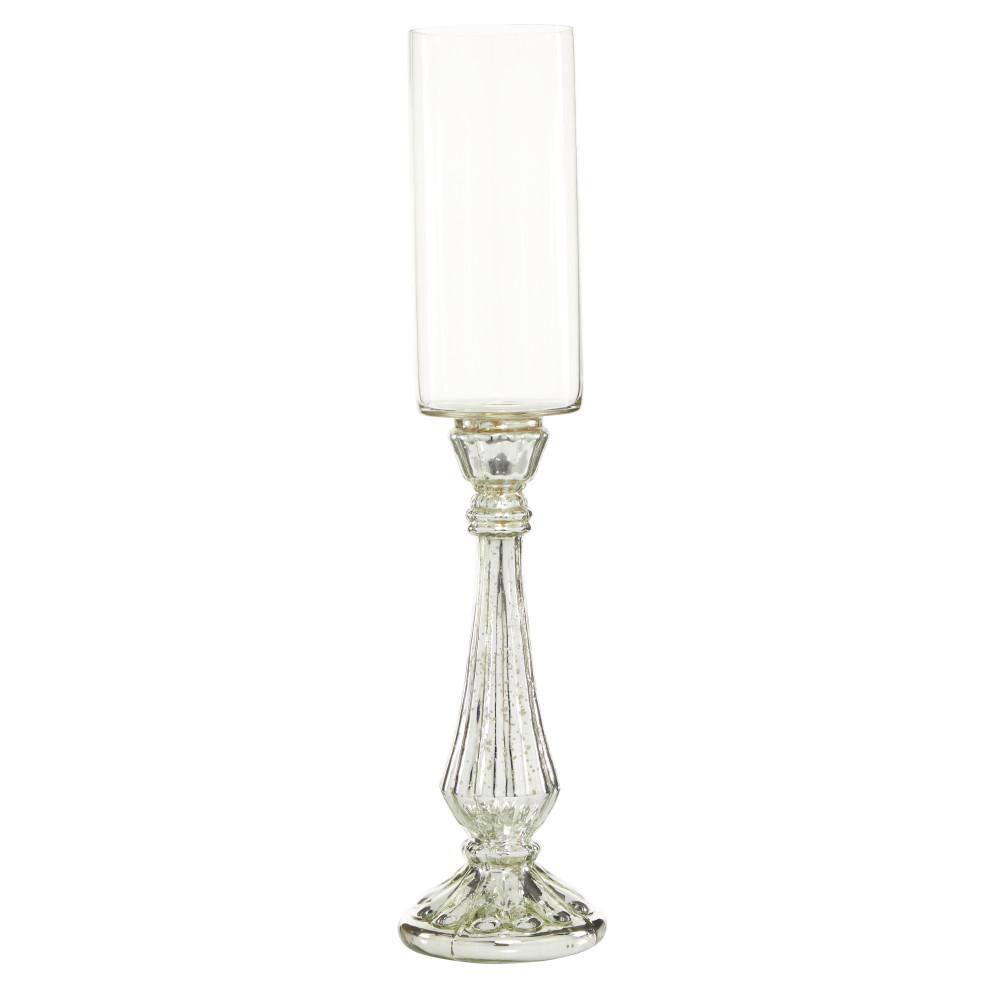 DecMode Silver Glass Handmade Turned Style Pillar Hurricane Lamp with Faux Mercury Glass Finish