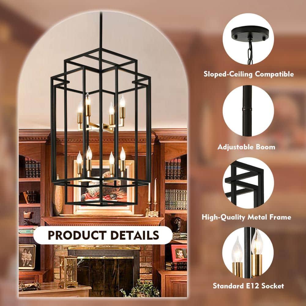 8-Light Lantern Tiered Pendant Light Fixtures, Black Metal Farmhouse Chandelier Hall Foyer Hanging Chandelier for Kitchen Island Dining Room Living Room Foyer Entryway, Black+Gold