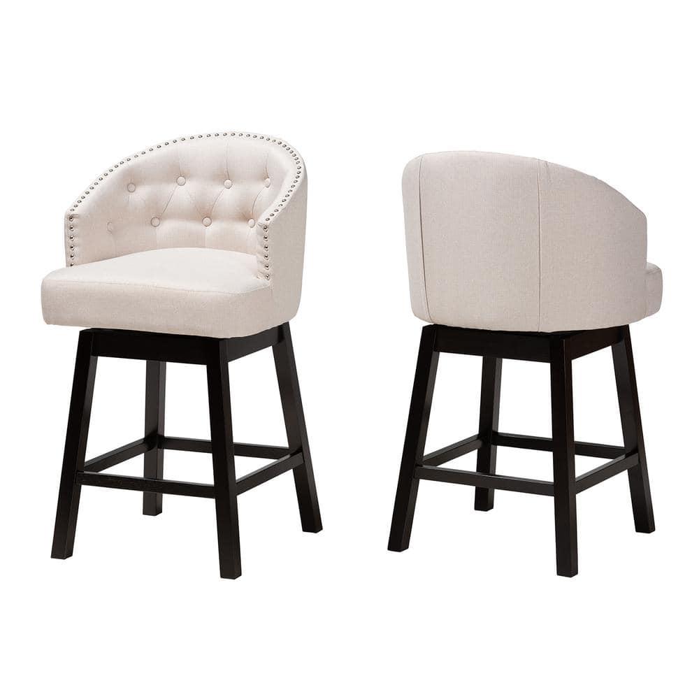 2pc Theron Fabric and Wood Swivel Counter Height Barstools Set Beige/Espresso Brown - Baxton Studio: Upholstered, Rubberwood Frame, Fixed Height