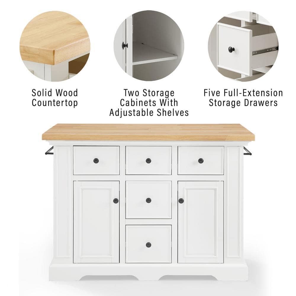 Crosley Julia Wood Top Kitchen Island White: Traditional Style, Towel Bar, 5 Drawers, 2 Doors