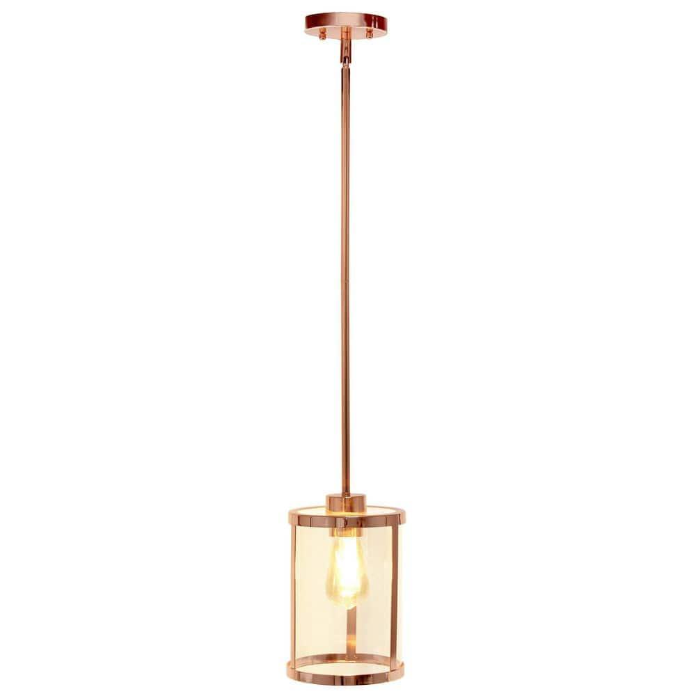 1-Light 9.25" Modern Farmhouse Adjustable Hanging Cylindrical Clear Glass Pendant Fixture with Metal Accent Rose Gold - Lalia Home