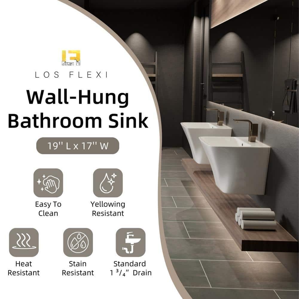 Los Flexi Wall Mount Sink with Overflow, Modern Floating Bathroom Vessel Sink, Single Faucet Hole, Pop-up Drain Included