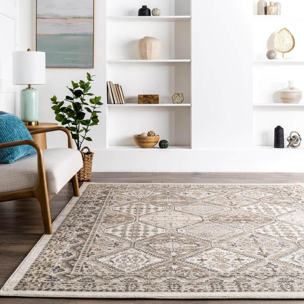 Nuloom 6 Round Becca  Tiled Indoor Area Rug, Beige, Faded Transitional Design, Stain Resistant, BedroomLiving Room, Kitchen,