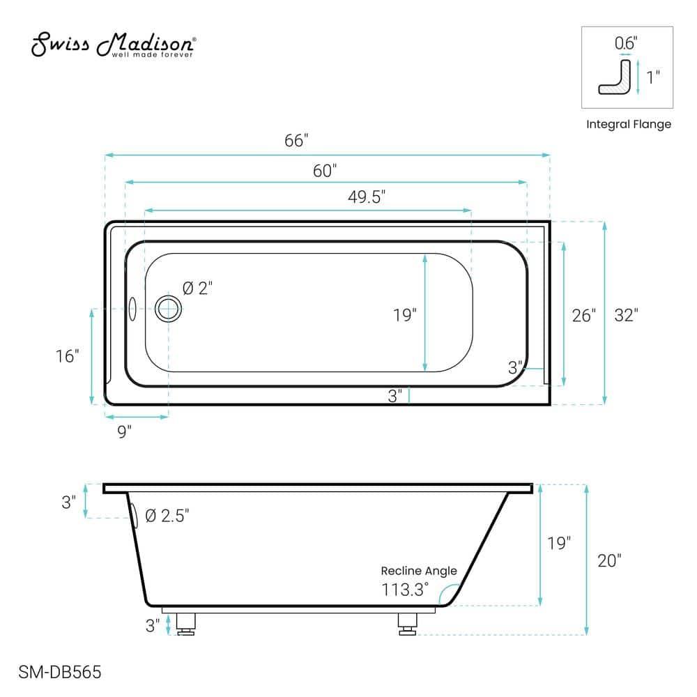 Swiss Madison SM-DB565 Voltaire 66" x 32" Alcove Bathtub