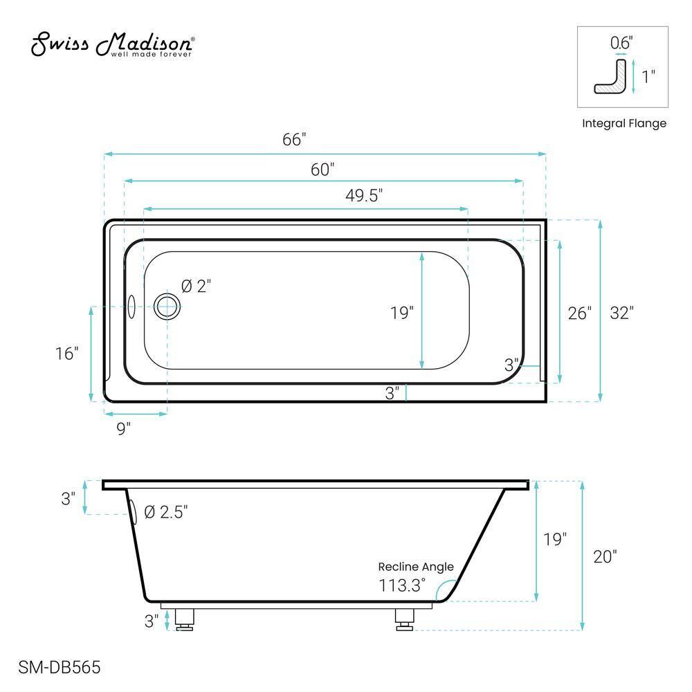 Swiss Madison SM-DB565 Voltaire 66" x 32" Alcove Bathtub