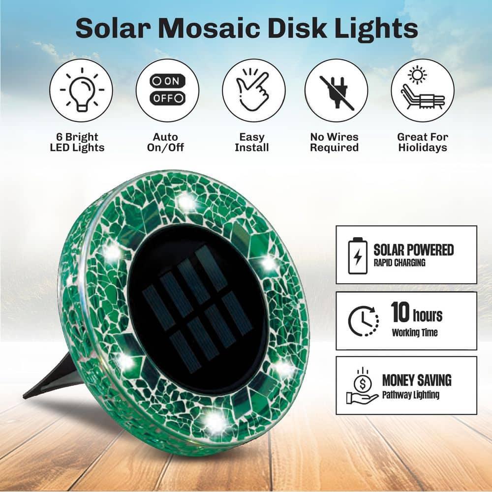 Bell + Howell 6 LED Round Green Mosaic Solar Powered Disk Lights with Auto On/Off - 4 Pack