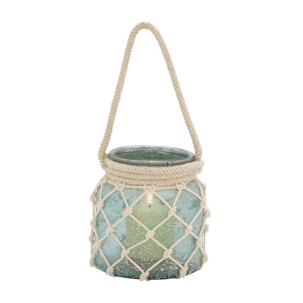 DecMode Blue Glass Decorative Candle Lantern with Rope Handle