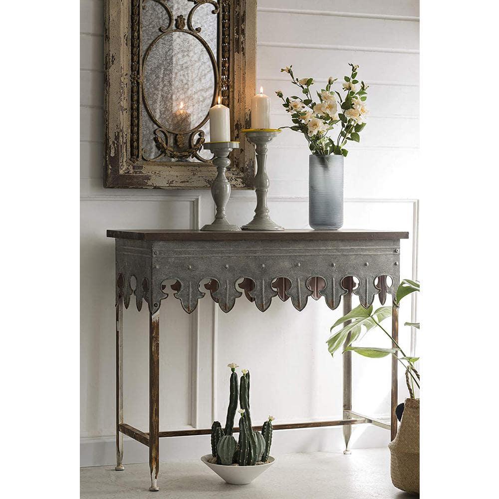 Storied Home Scalloped Sofa Table Silver: Farmhouse Zinc-Finish, Fir Wood Top, 44 lbs Capacity
