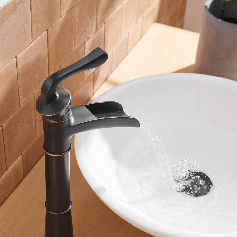 Vessel Sink Faucet Oil Rubbed Bronze Bathroom Faucet Waterfall Farmhouse Single Hole Single Handle for Sink Lavatory Faucets with Pop Up Drain Without Overflow Supply Line