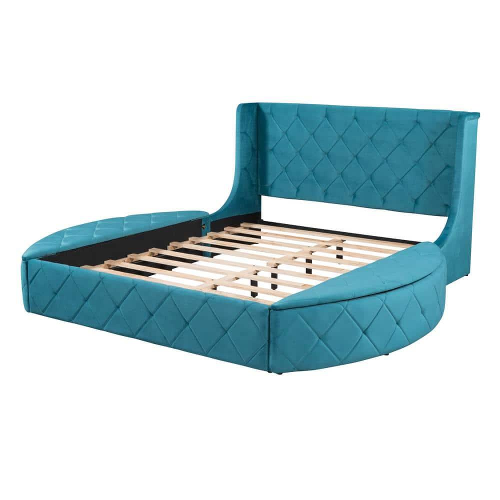 Queen Size Platform Bed with 1 Big Drawer and 2 Side Storage Stool Modern Velvet Upholstered Storage Bed with Wingback Headboard, No Box Spring Needed, Easy Assembly, Blue