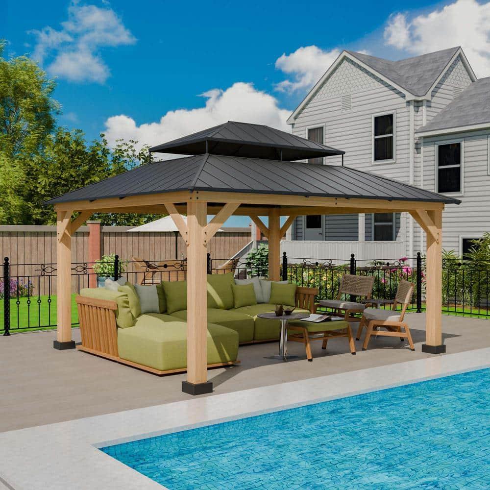 11x13 Cedar Wood Gazebo with Black Metal Double Roof