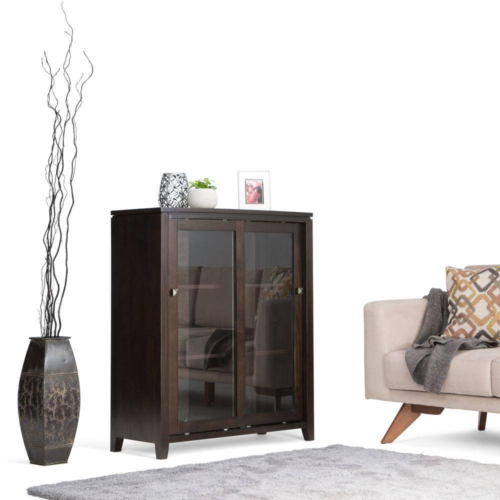 Simpli Home Cosmopolitan 36"W Solid Wood 4-Shelf Contemporary Medium Storage Cabinet with Sliding Glass Doors