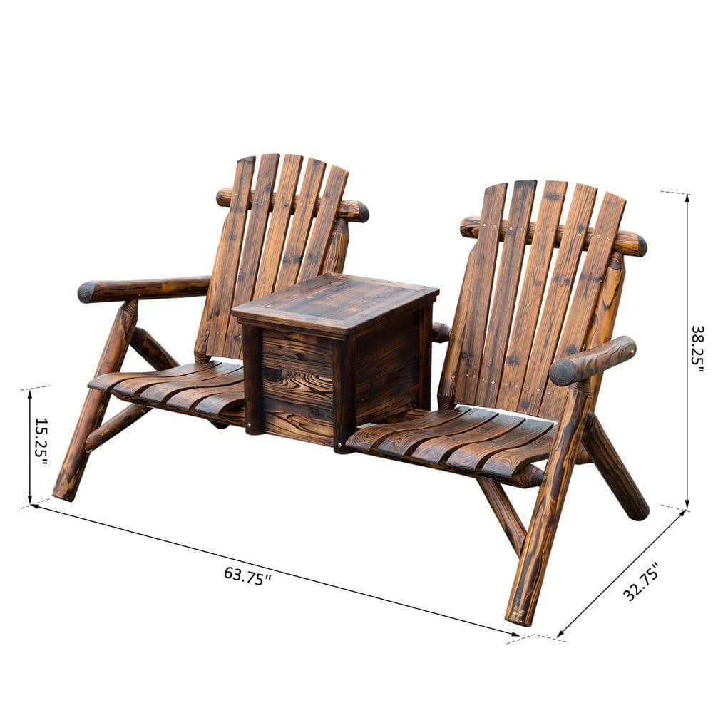 Outsunny Wooden Double Adirondack Chair Loveseat with Inset Ice Bucket, Table, Rustic Look, & Weather-Resistant Varnish