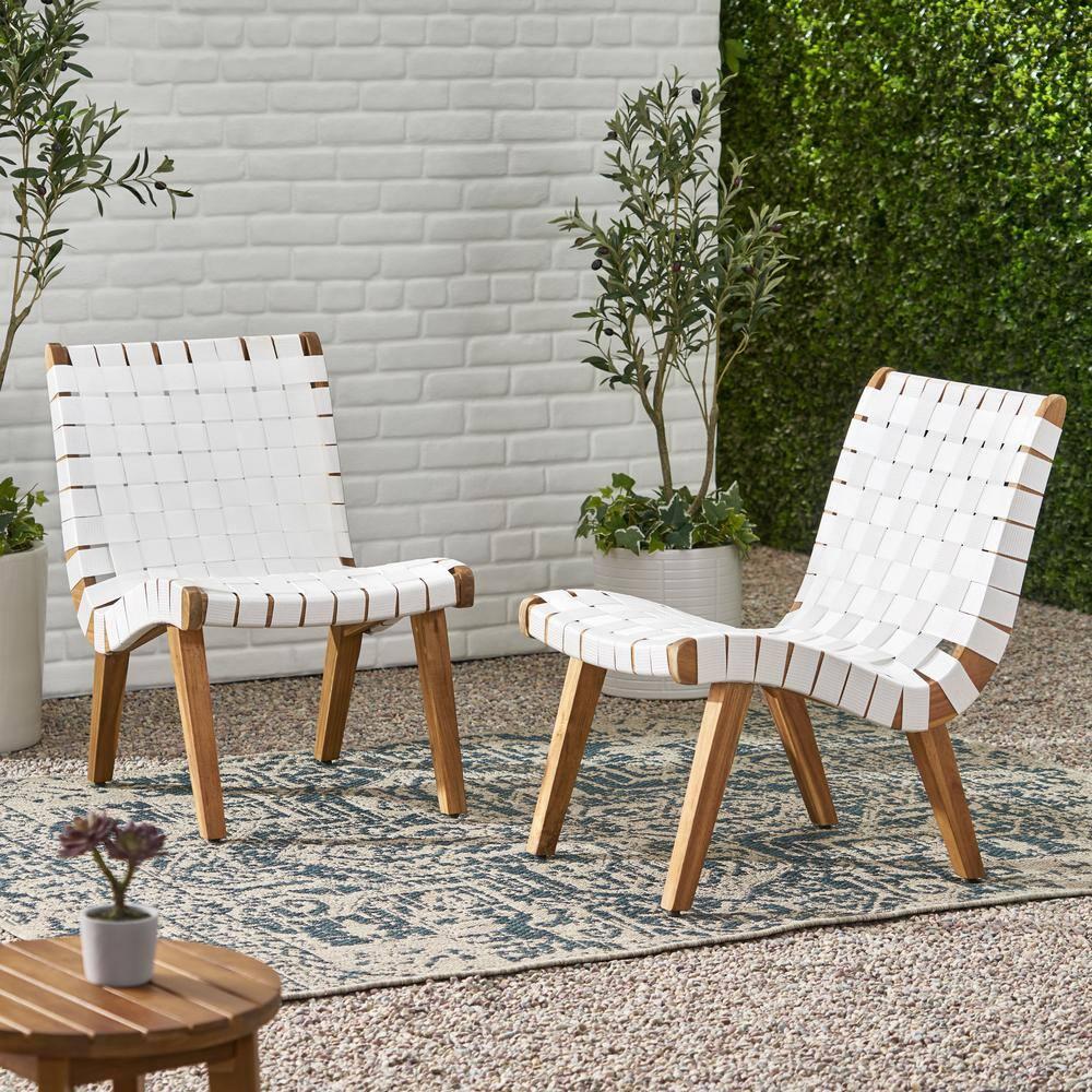 Morganton White and Teak Stationary Rope Weave Wood Outdoor Patio Lounge Chair (2-Pack)
