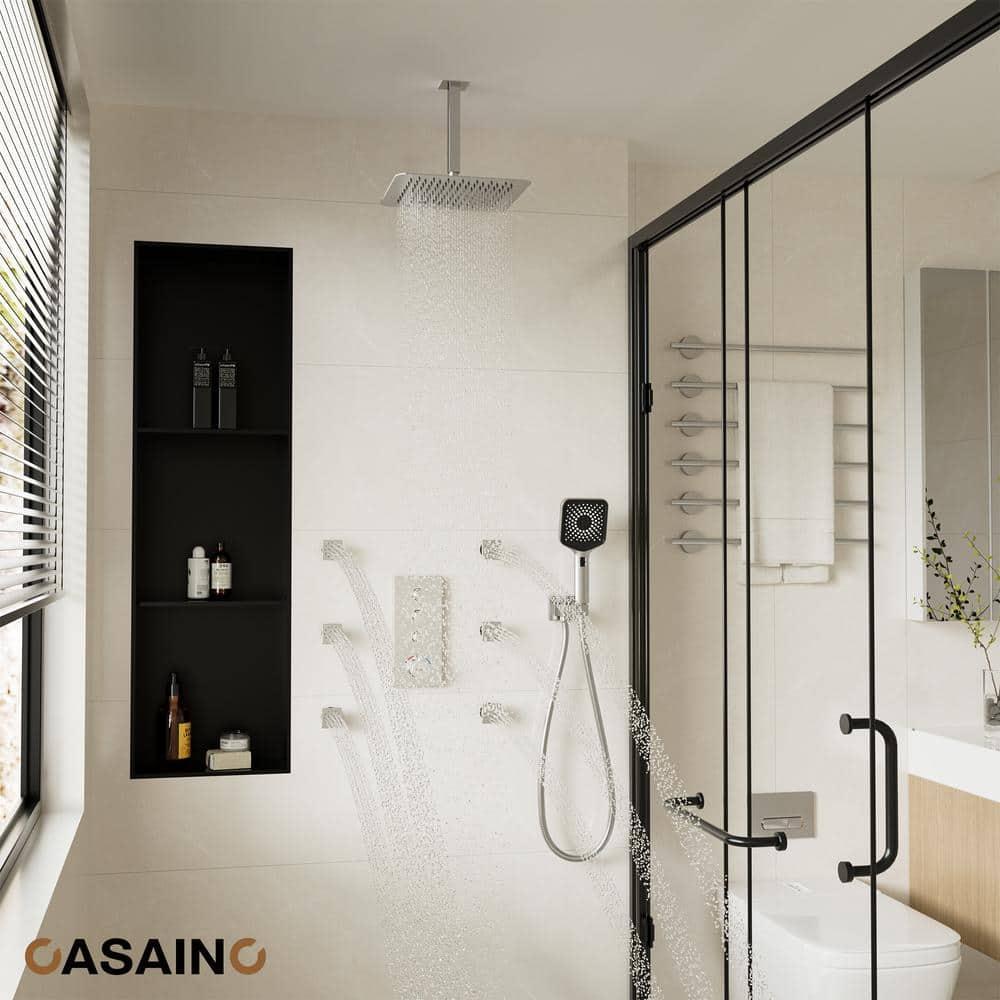 CASAINC 12'' Ceiling Mounted Square Shower System with Handheld Sprayer & 6 Body Jets, Brushed Nickel