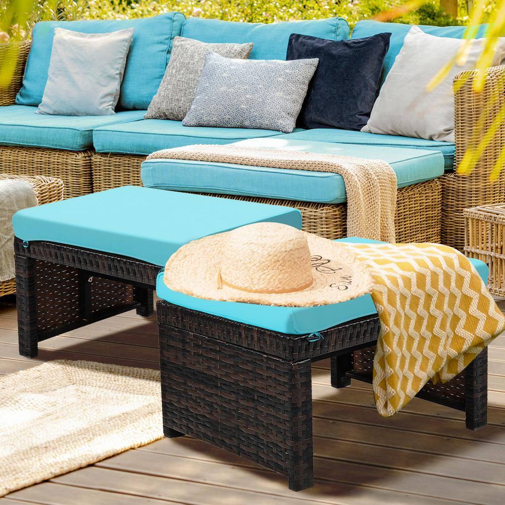 Tangkula 2 PCS Outdoor Wicker Ottoman Patio Rattan Furniture Metal Footrest Seat Square Footstool with Cushion Turquoise