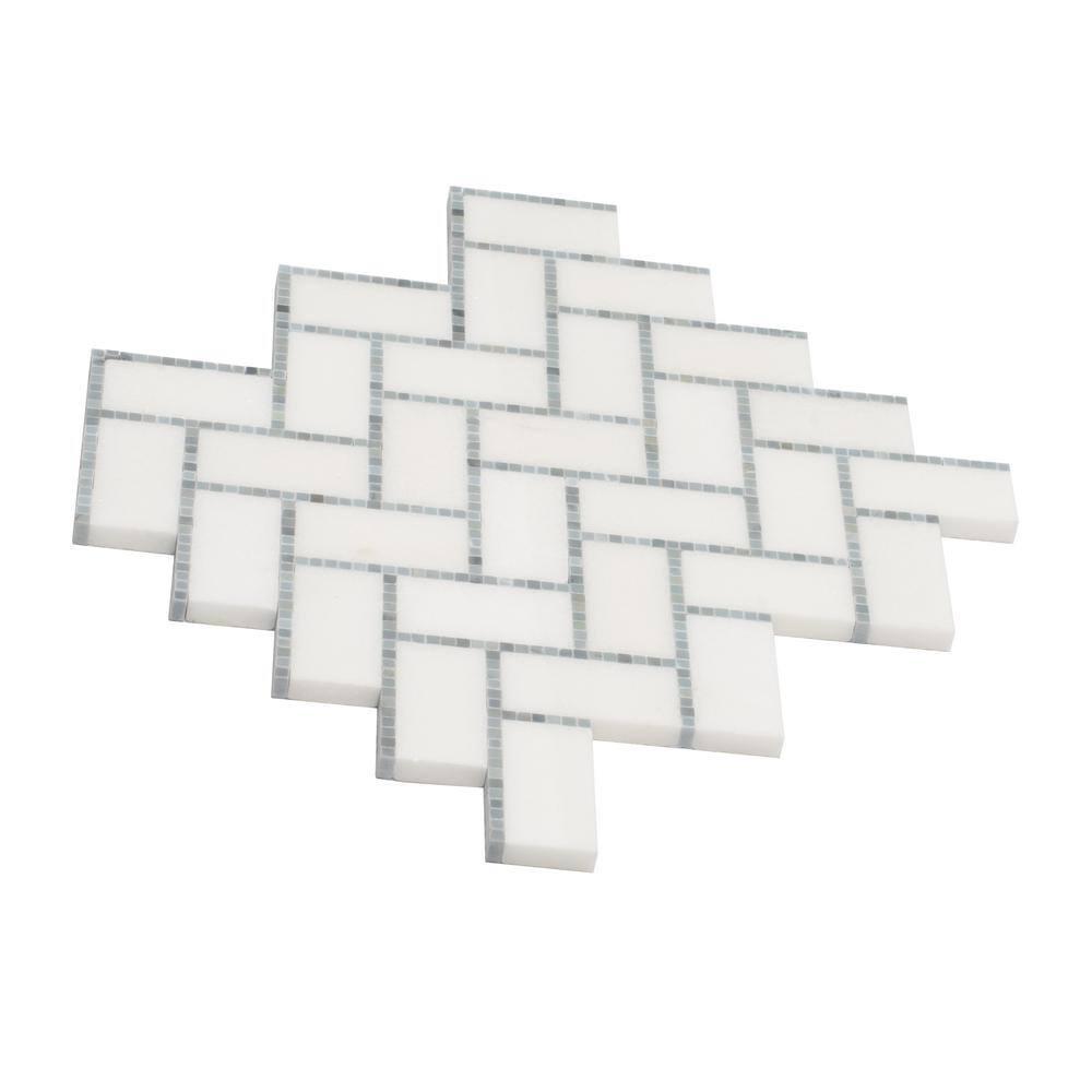 5 pack White and Gray 9.8 in. x 10.8 in. Polished Herringbone Marble Mosaic Floor and Wall Tile (3.68 sq. ft./Case)
