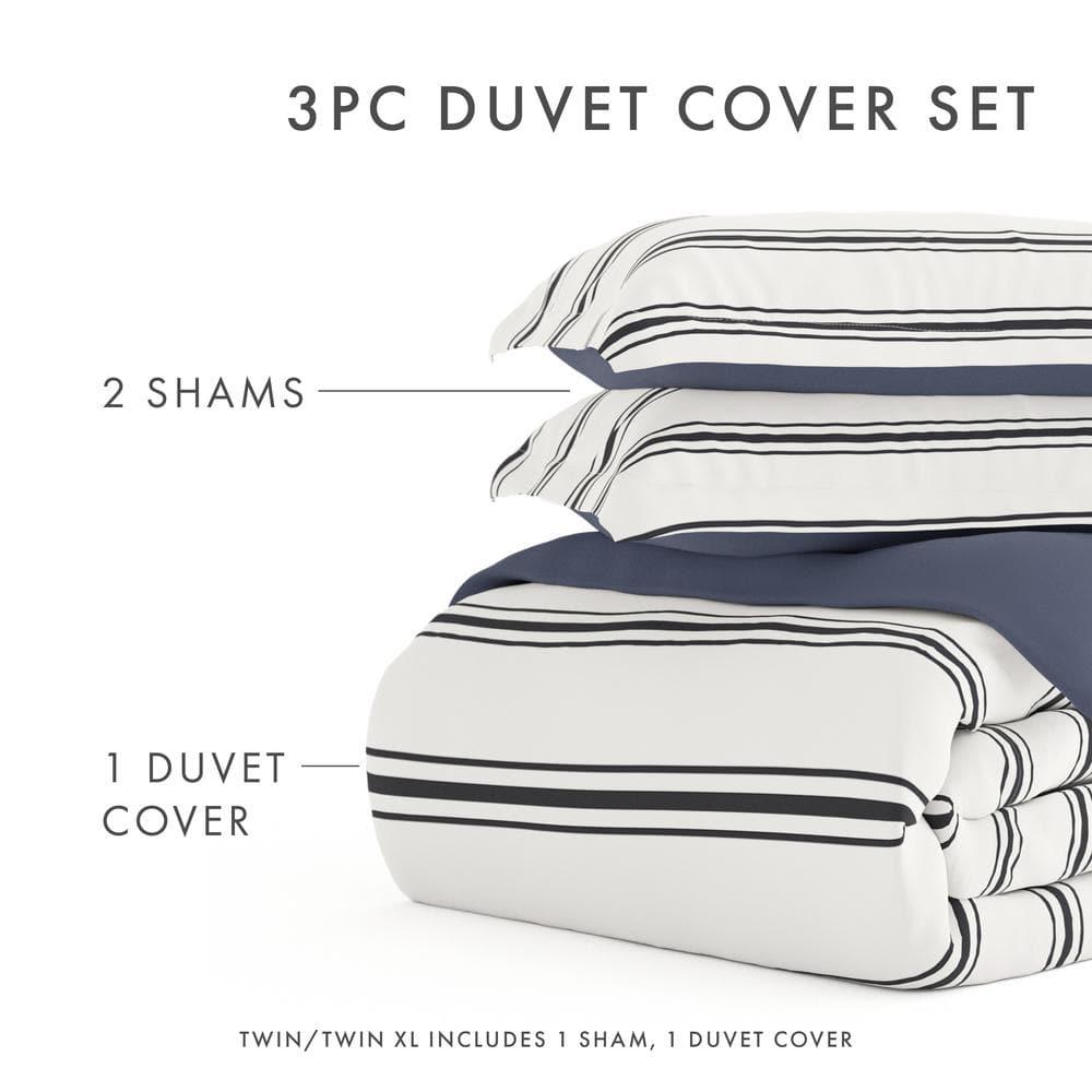Noble Linens Navy Desert Stripe Reversible 3-Piece Duvet Cover Set, King/Cal King