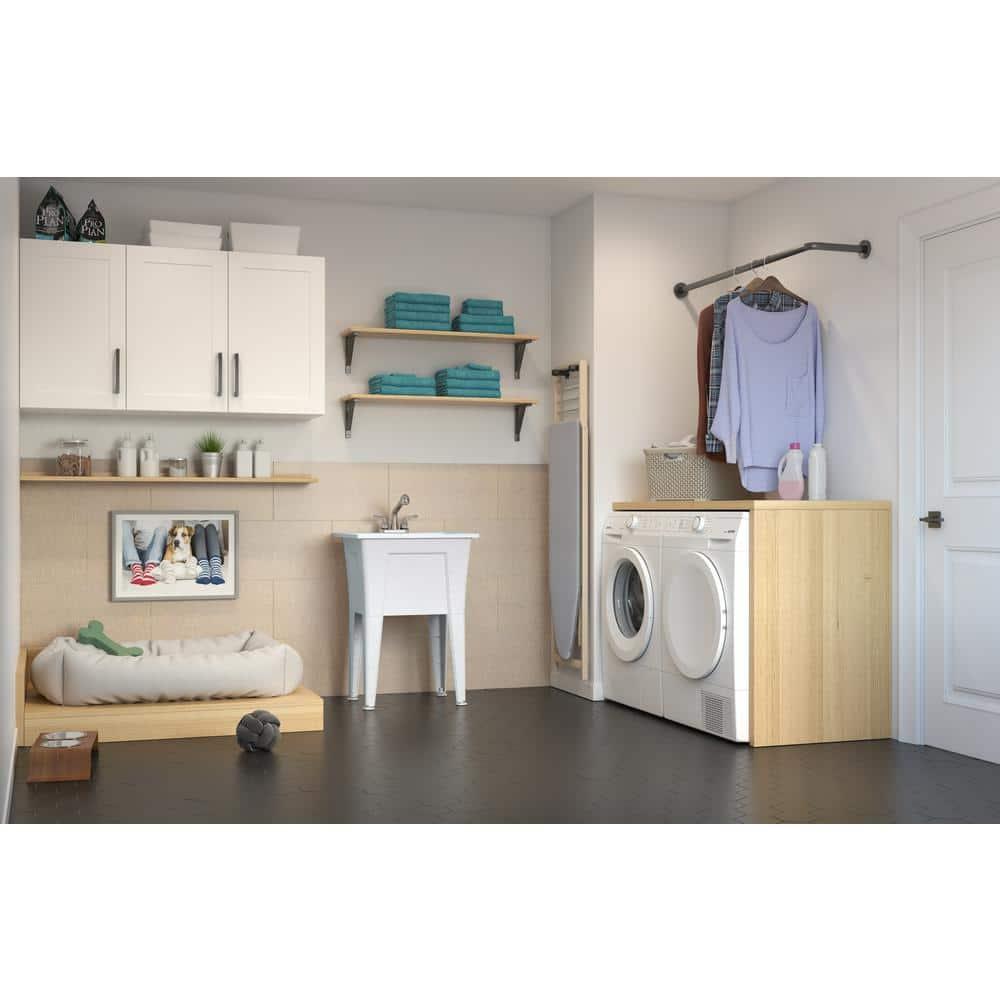 White Stone Freestanding Laundry Sink with Chrome Faucet