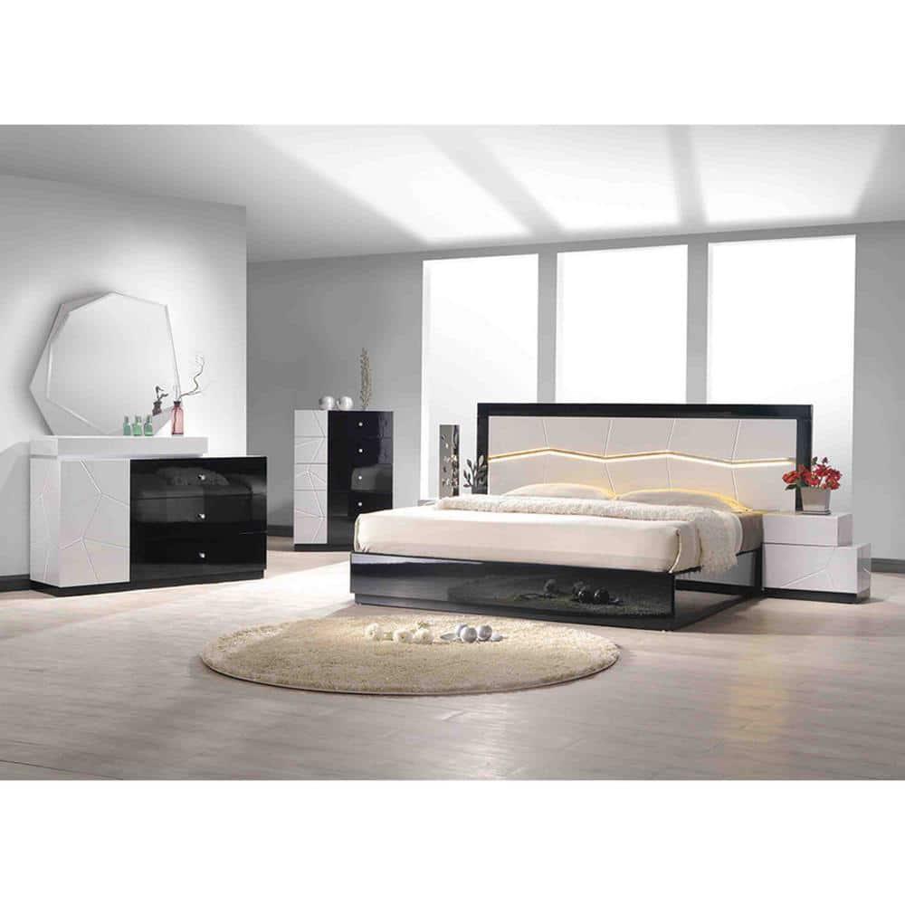 Berlin Modern White & Black Platfrom Bed with LED Light - California King