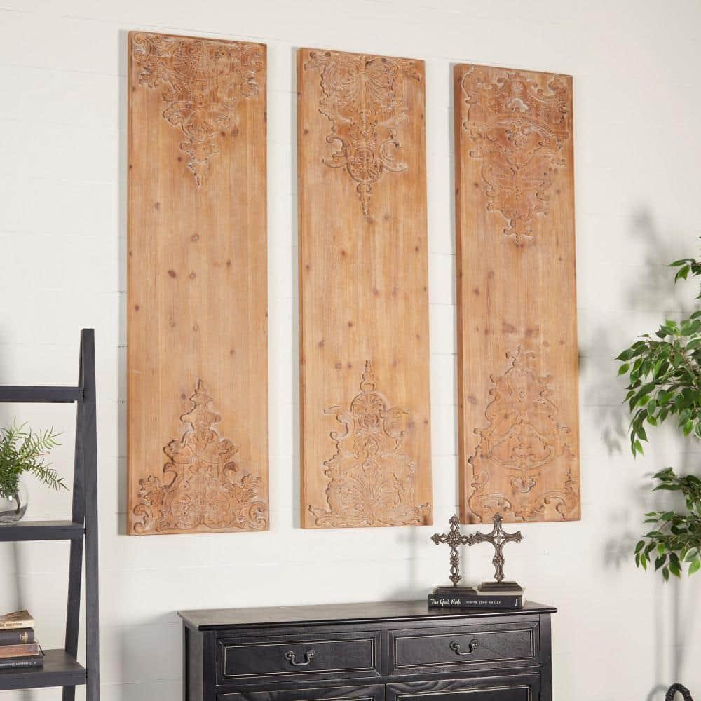 Wood Floral Carved Antefix Wall Decor Set of 3 Brown - Olivia & May: Rustic Style, Indoor Vertical Panels