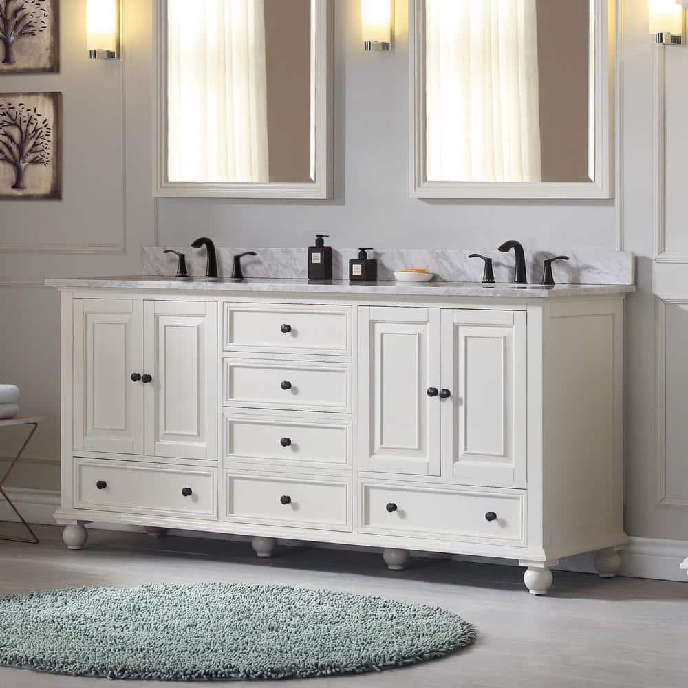 French White Solid Wood Double Freestanding Vanity, 72-inch