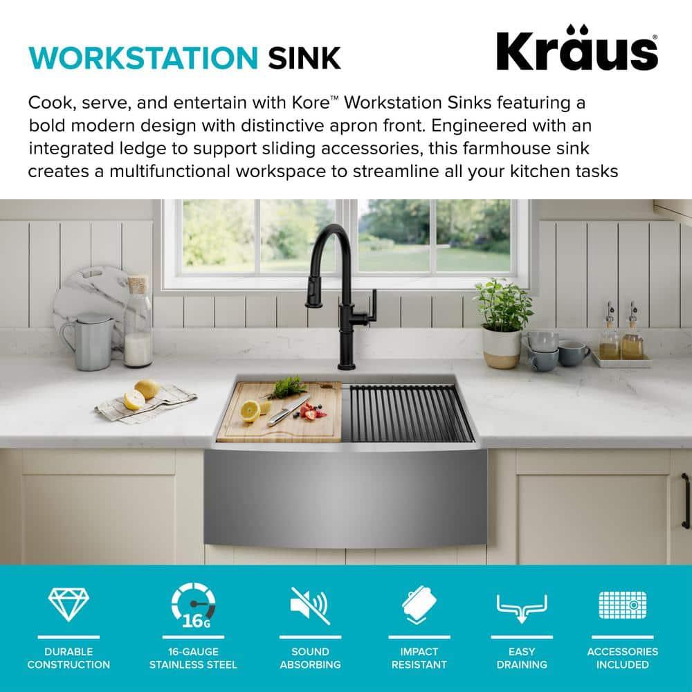 KRAUS Kore™ 24" L Farmhouse Apron Front Workstation 16 Gauge Stainless Steel Single Bowl Kitchen Sink with Accessories