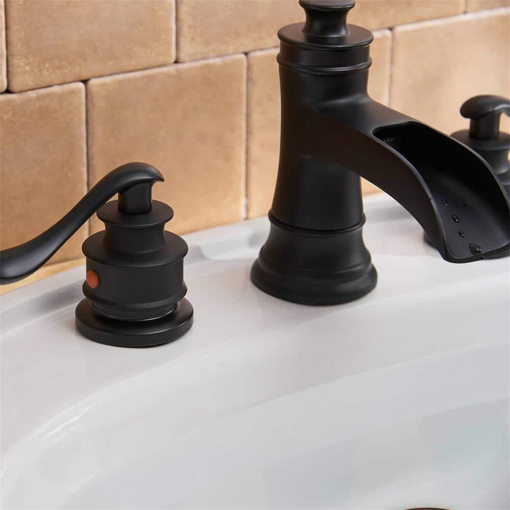 Black Bathroom Faucet Widespread Bathroom Faucets for Sink 3 Hole Matte Black 8 Inch Two Handle Matching Pop Up Drain Stopper Waterfall Farmhouse Lavatory Water Supply Line by Bathfinesse