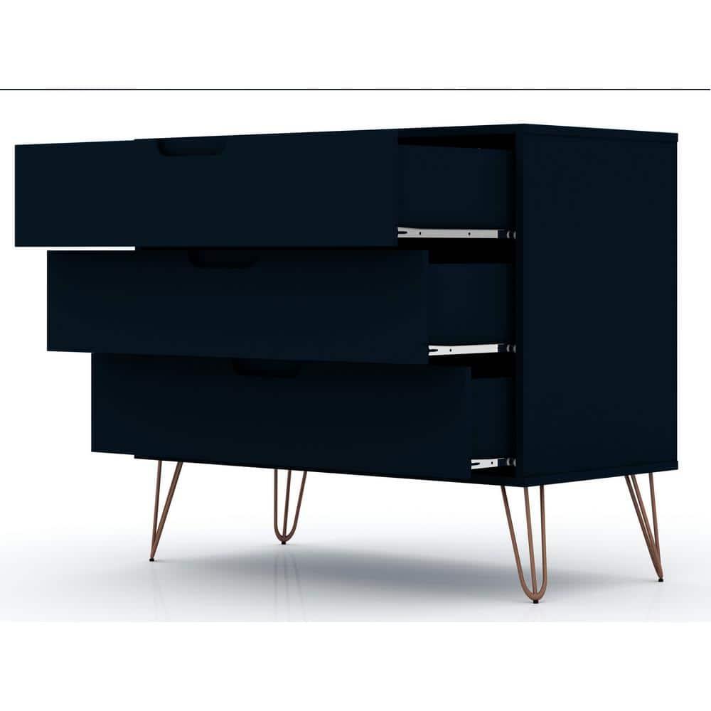 Manhattan Comfort Set of 2 Rockefeller 3 Drawer Dresser Tatiana Midnight Blue: MDF Bedroom Storage, Easy-Glide, Includes Anti-Tip Hardware