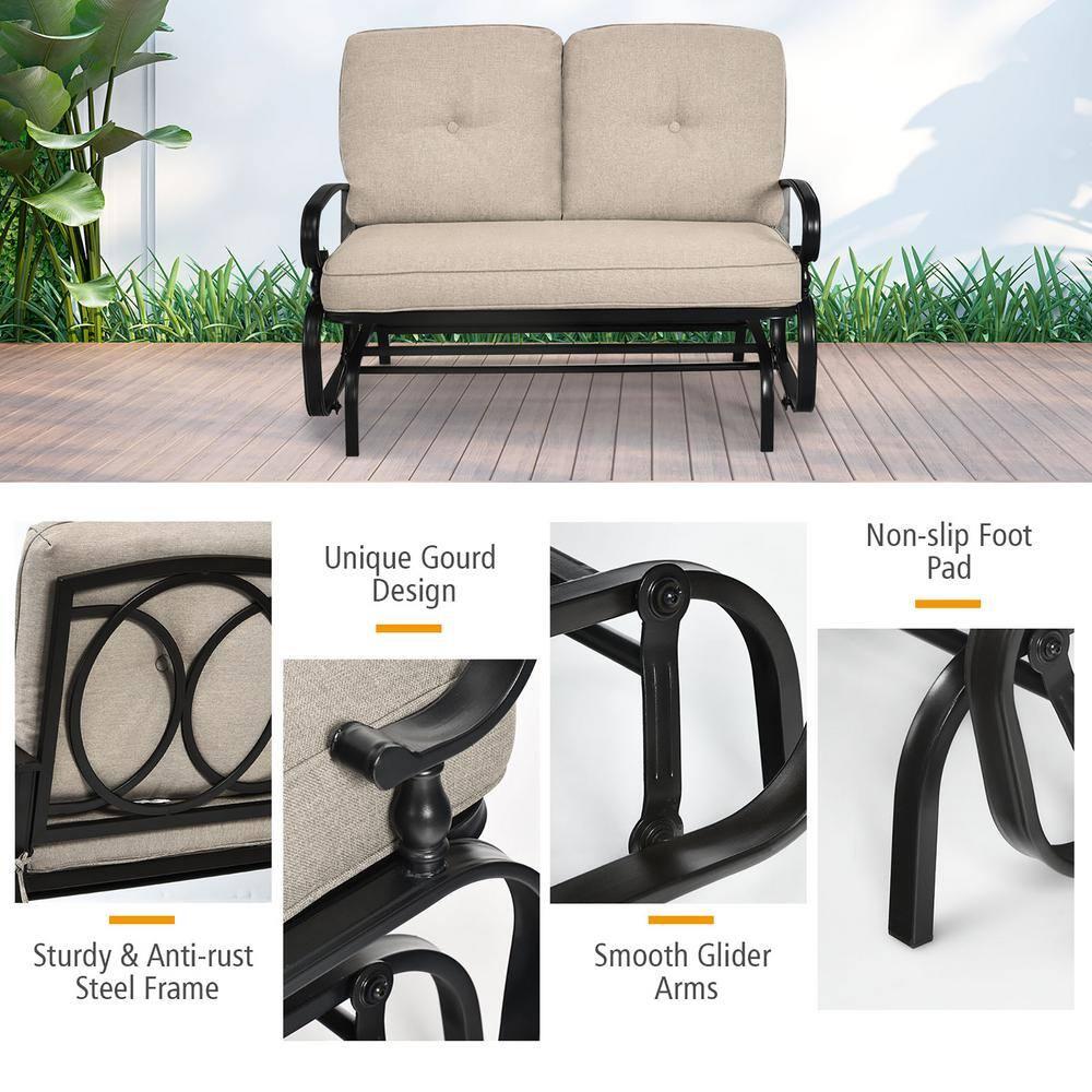 Costway 2-Person Outdoor Swing Glider Chair Bench Loveseat Cushioned Sofa Beige