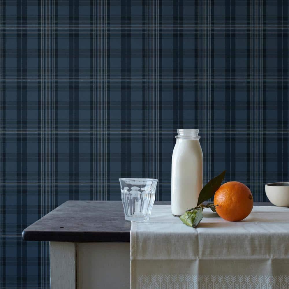 Austin Navy Blue and Light Blue Plaid Prepasted Wallpaper