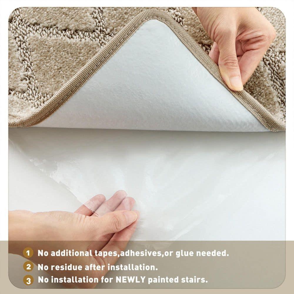 PURE ERA Bullnose Carpet Stair Treads Protectors for Wooden Steps 9.5" x 30"x1.2" Pet Friendly Tape Free Non-Slip (Set of 14 Pieces,Cream Gray Diamond Trellis)