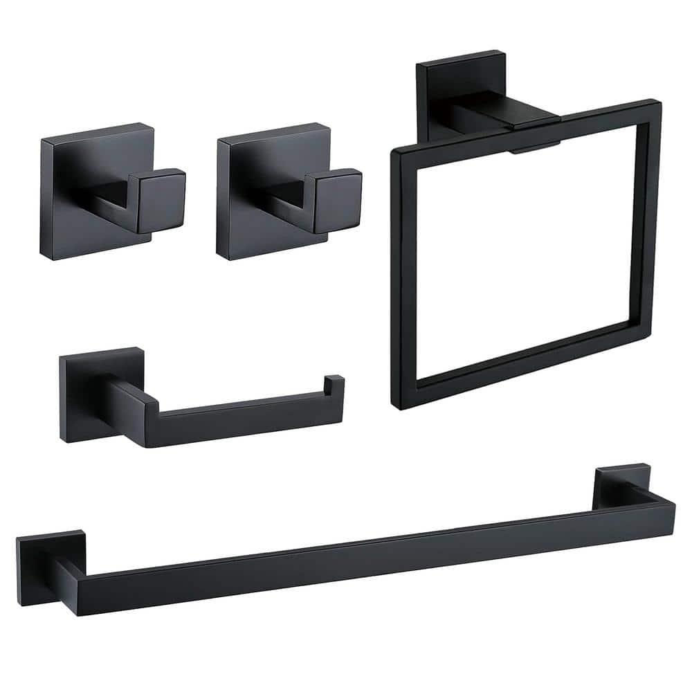 Stainless Steel Matte Black Bathroom Hardware Accessories - 5 Piece Set with 16 inch Square Towel Bar, Towel Rack & Holder