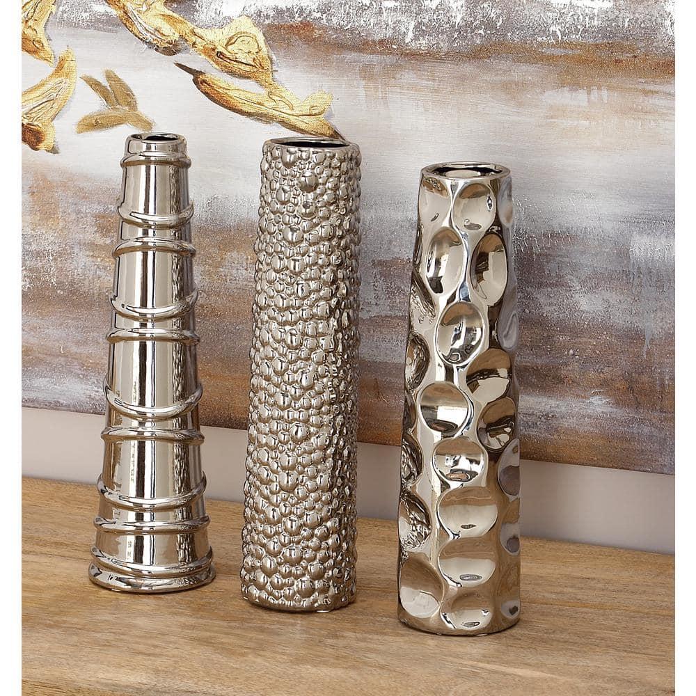 DecMode 12"H, 3"W Silver Ceramic Vase with Varying Patterns, Set of 3