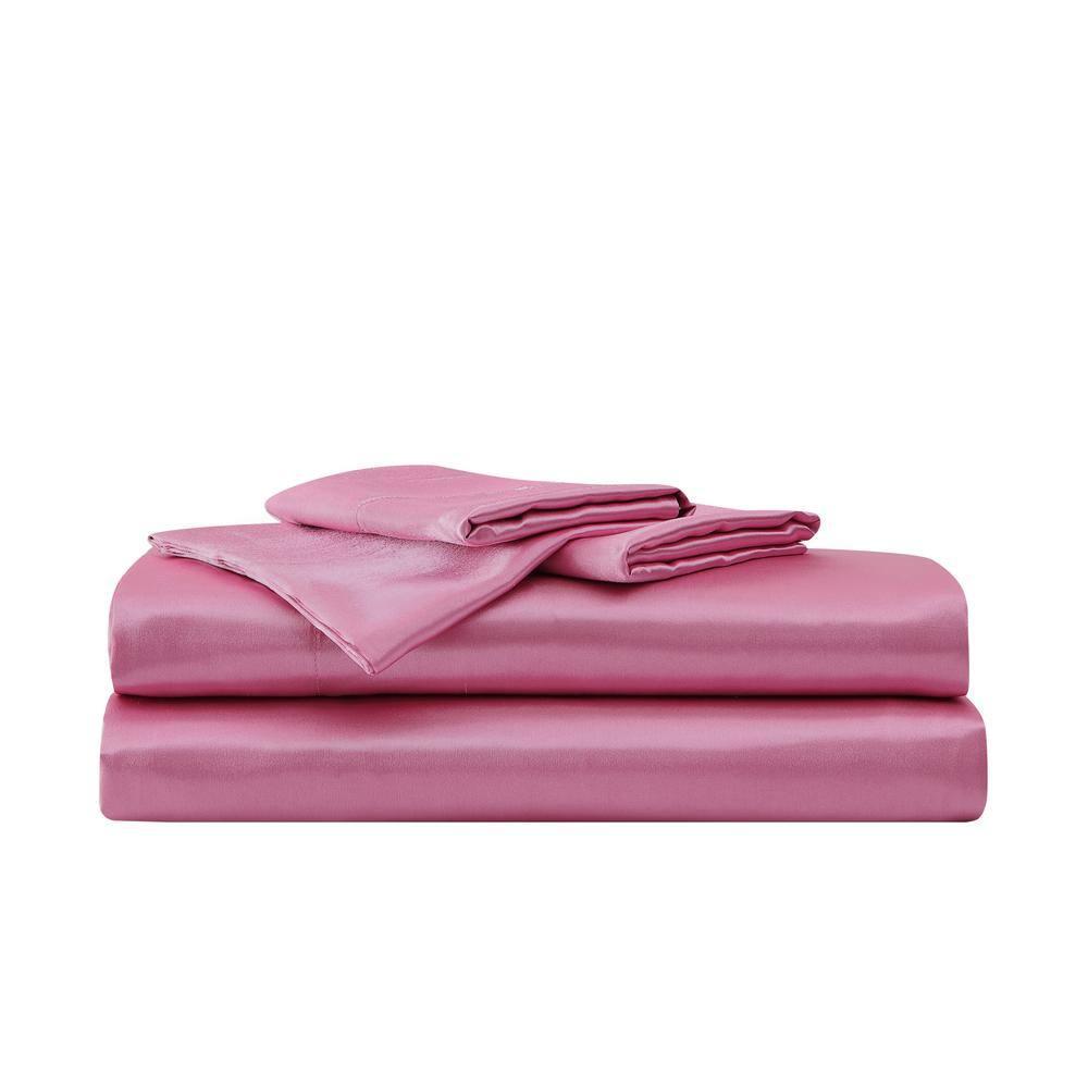 Twin Solid Satin Sheet Set Pink - Betseyville