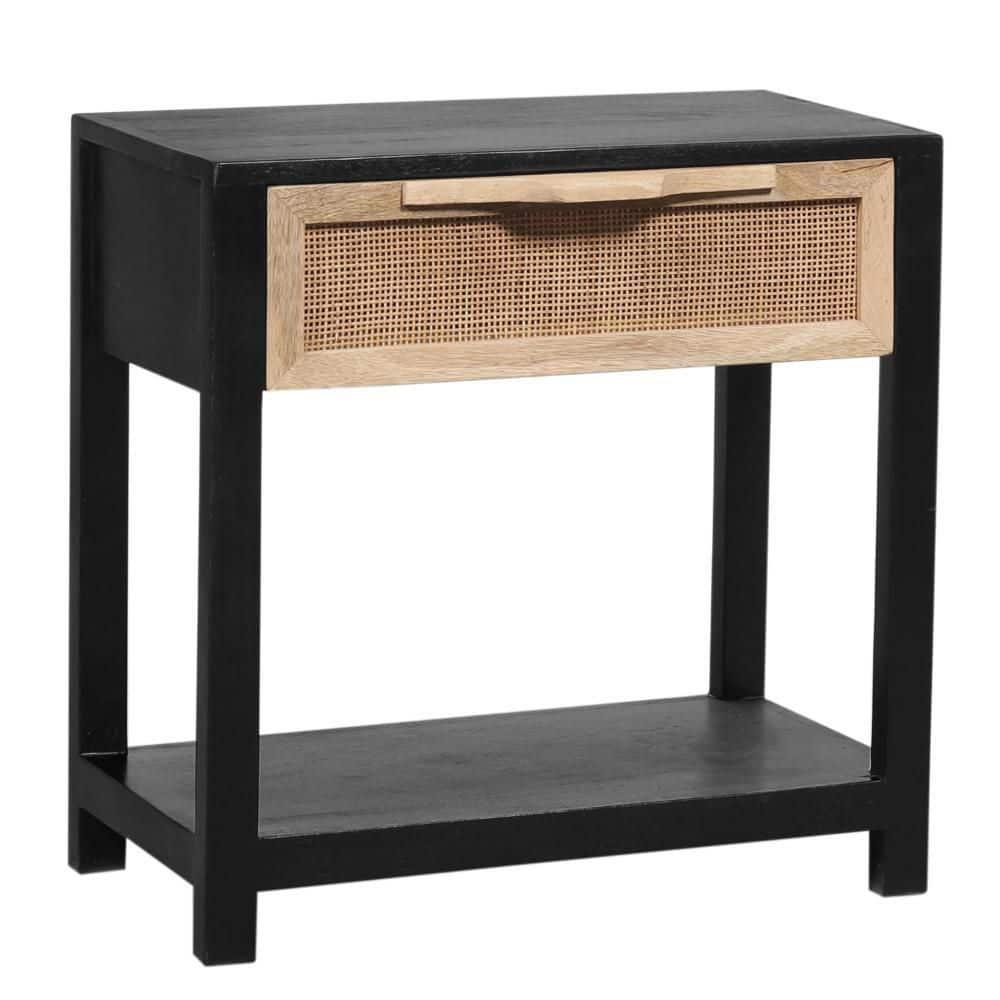 Benzara 22" Side Table with Rattan Front Drawer and Open Shelf Mango Wood Frame Black/Brown